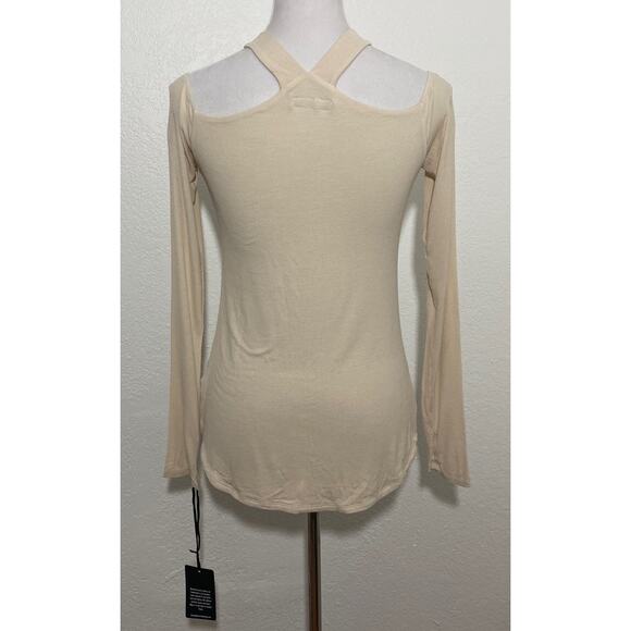 NWT Michael Lauren Size S Fitted Double V-Neck Open Shoulder Top Thumbhole - Picture 4 of 7